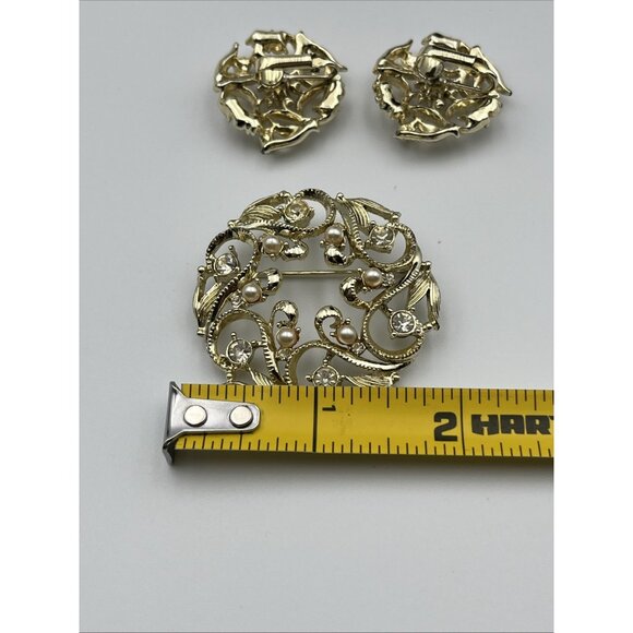 Vintage Sarah Coventry Brooch & Clip Earring Set Vines Rhinestones & Faux Pearls - Picture 5 of 6